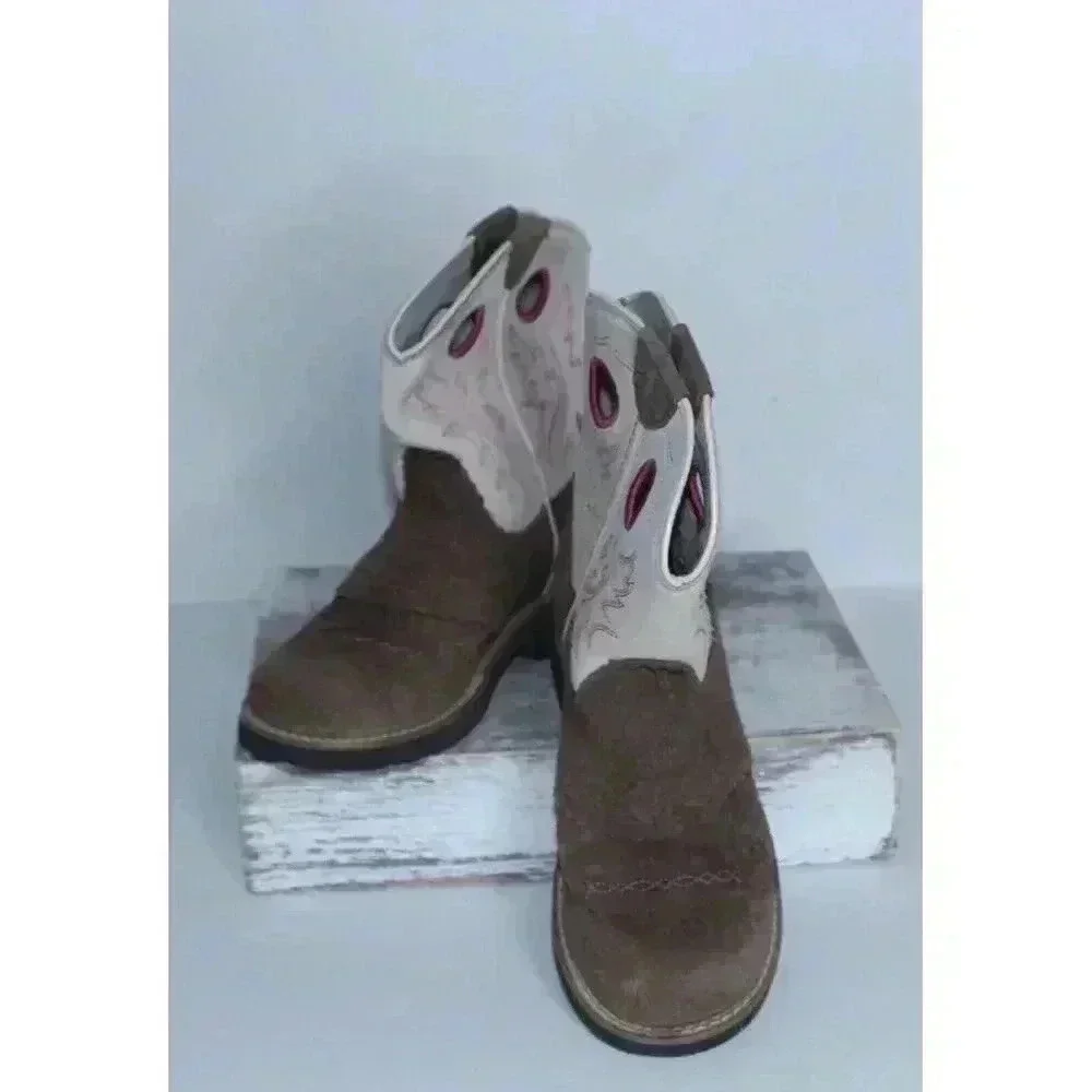 Ariat Cowgirl Boots Pink Brown Embroidered Leather Size 1.5‎ Teen Fatboy Style